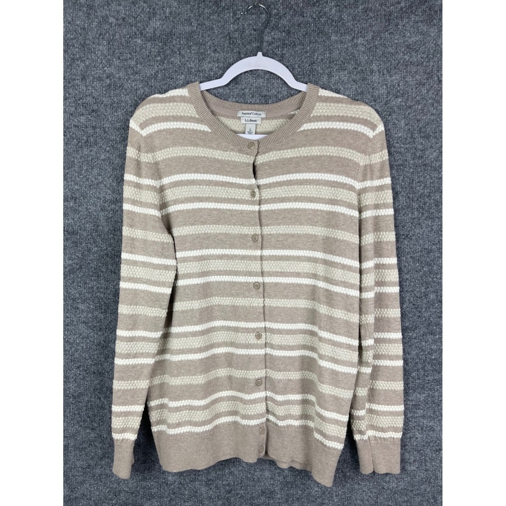 L.L.Bean Cardigan Sweater Women L Tan Excellent Supima Cotton Striped Button Up